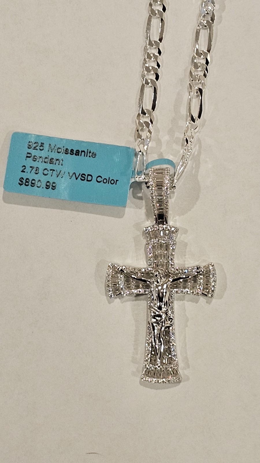 925 Sterling Silver 2.78 Moissanite CTW-VVSD 22″ Figuro Chain w/1-3/4″ Cross NEW