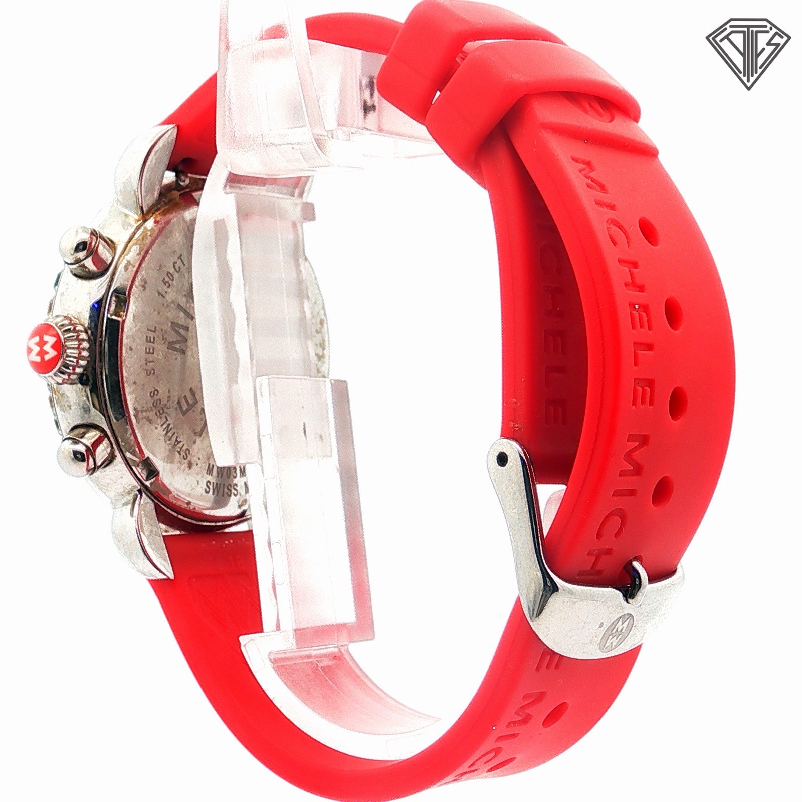 Pre Loved Michele Carousel CSX Multi Colored Stone Bezel Watch Red Silicone Band