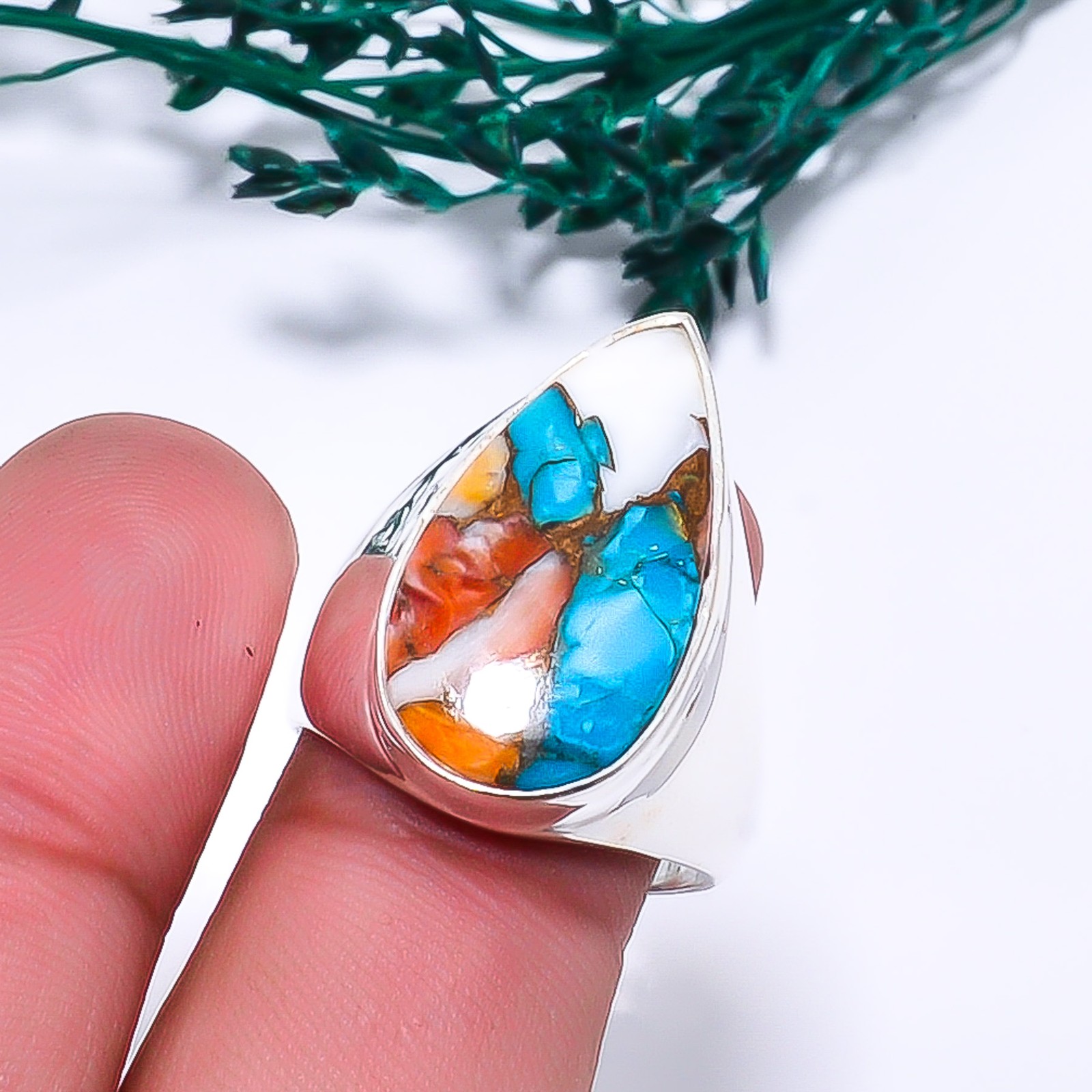 Copper Spiny Oyster Arizona Turquoise 925 Sterling Silver Ring S.8.5 R115112