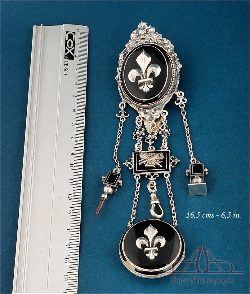 Antique French Chatelaine Silver-Plated Metal and Enamel. France, Circa 1840