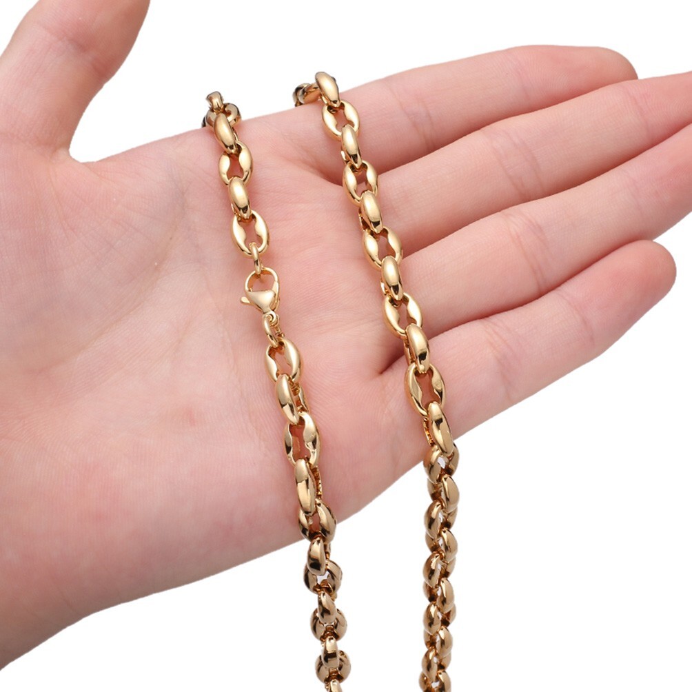 Women Men 6.5/7.5/10/12mm Gold Tone Stainless Steel Coffee Beads Chain Necklace