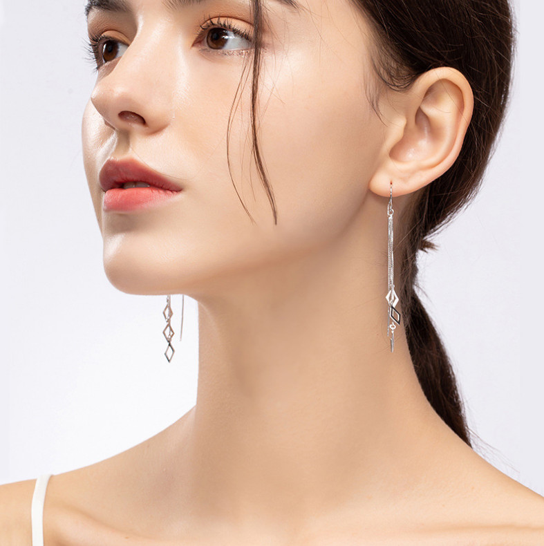 Silver Plated Geometric Square Tassel Threader Dangle Drop Pull Earrings I48