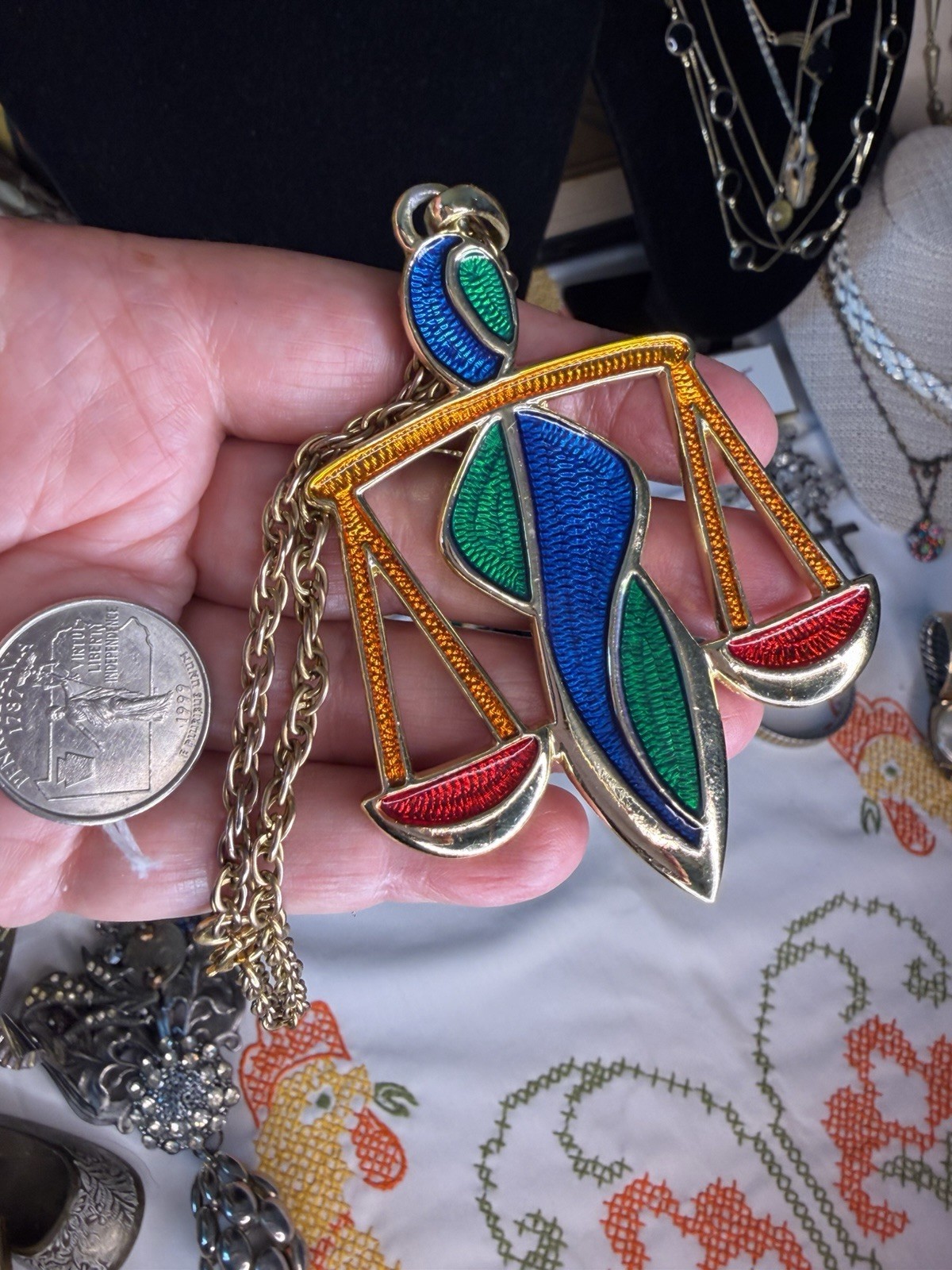 Libra Capri Large Pendant Enamel Scales Astrology Goldtone chain Necklace Ex Con