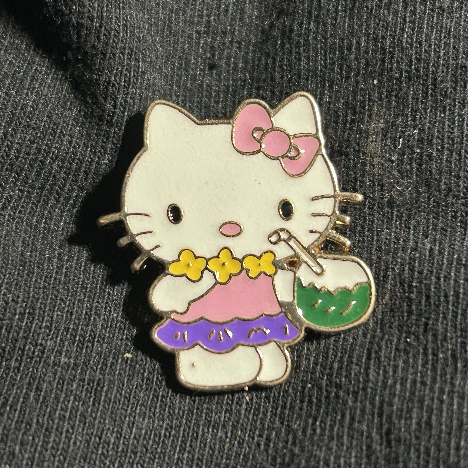 Hello Kitty Summer Outfit with Yellow Flower Hawaiian Lei, Metal, Pin, Brooch.