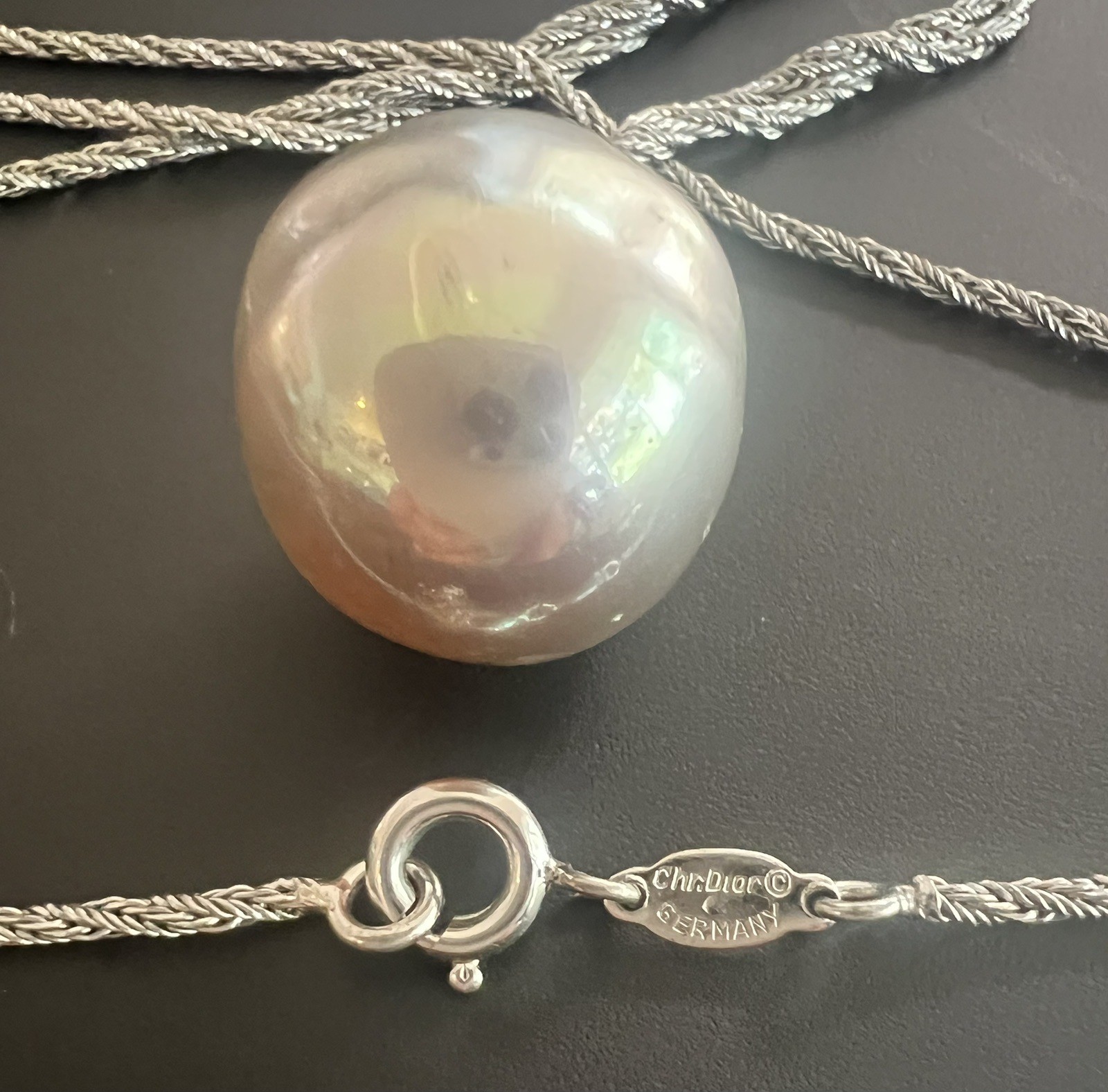 Germany Christian Dior Silver Palladium Plated Pearl Pendant Chain Necklace