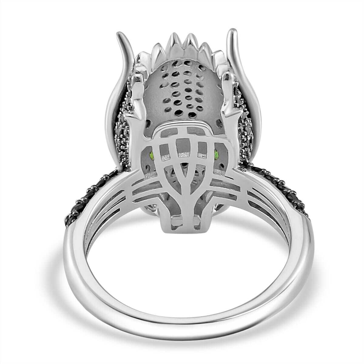 1.20ctw Black Spinel & Chrome Diopside Dragon Head Ring Rhodium Plated Size 7