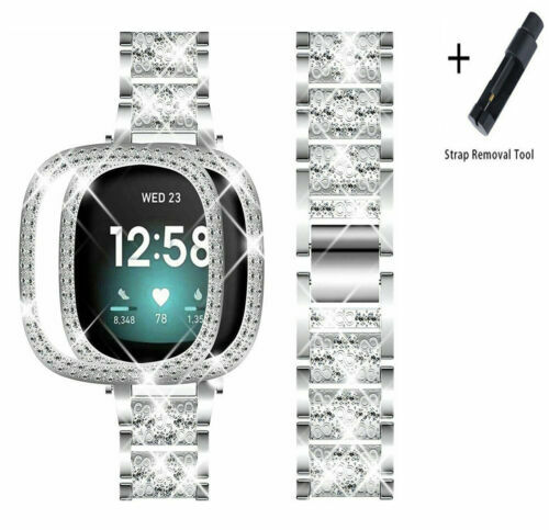 Bling Metal Watch Band Bracelet Strap With Diamond Case for Fitbit Versa 3/Sense