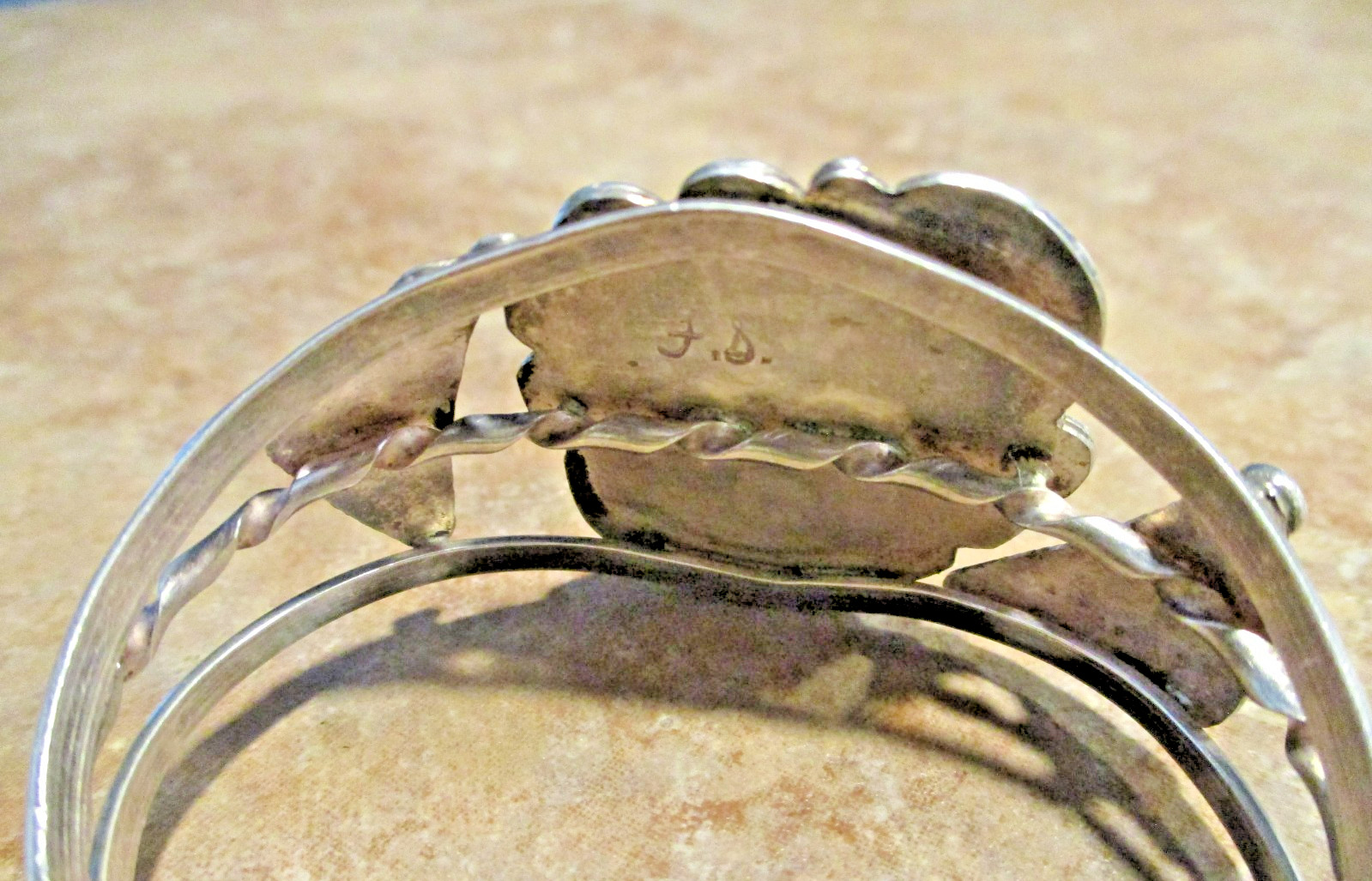 FINE Vintage Navajo Sterling Silver SEA FOAM Turquoise Applique Bracelet Sign FS