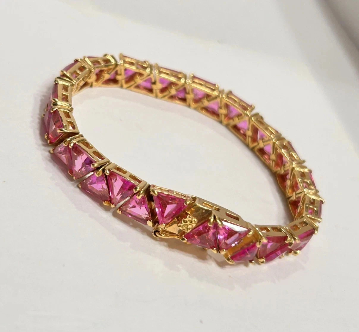 4CT Trillion Cut Lab Created Pink Sapphire Tennis Bracelet 14K Yellow Gold Over