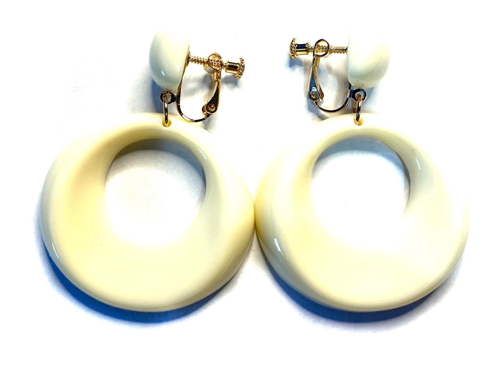 CLIP ON HOOP EARRINGS IVORY AND BROWN OPEN HOOP DANGLE 2 INCH AND 2.25 IN L