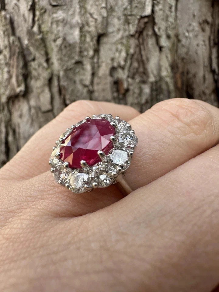 Natural Red Ruby & Diamond Wedding Ring 14K White Gold Oval Cut 6.45 Cts Size 7