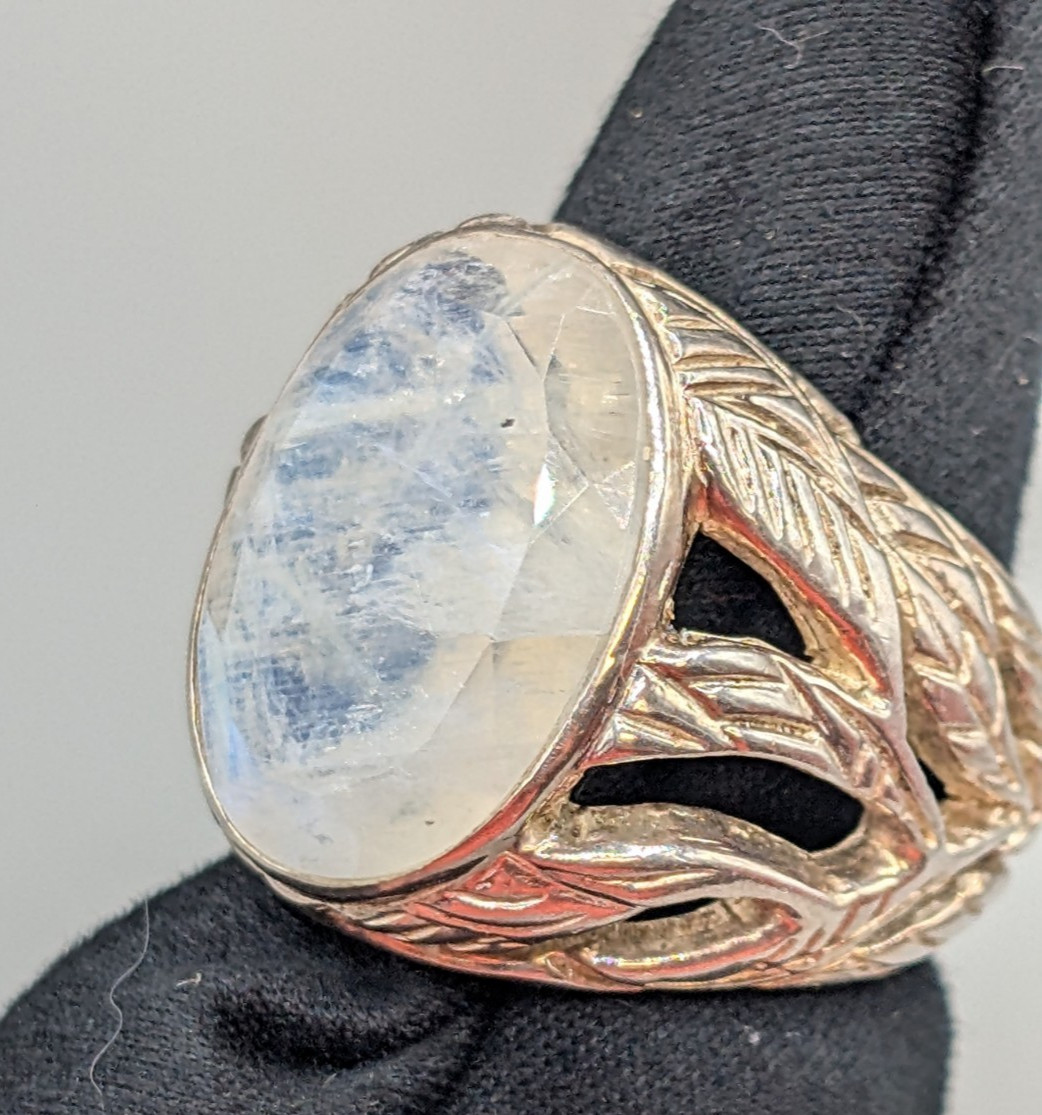 Vintage Artisan Rainbow Moonstone Ring, Openwork Leaf 925 SILVER~MAKER MARK WORN