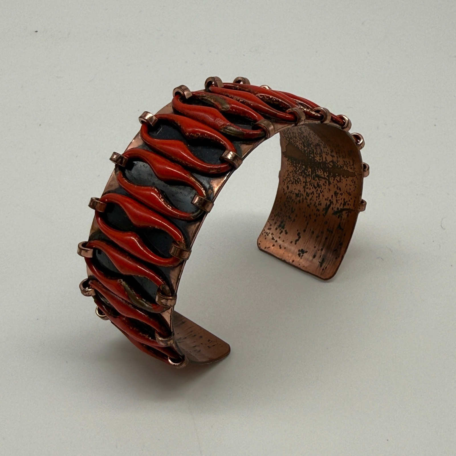 Vintage Matisse Cuff Bracelet Women Red Copper Mid-Century Modern Enamel MCM