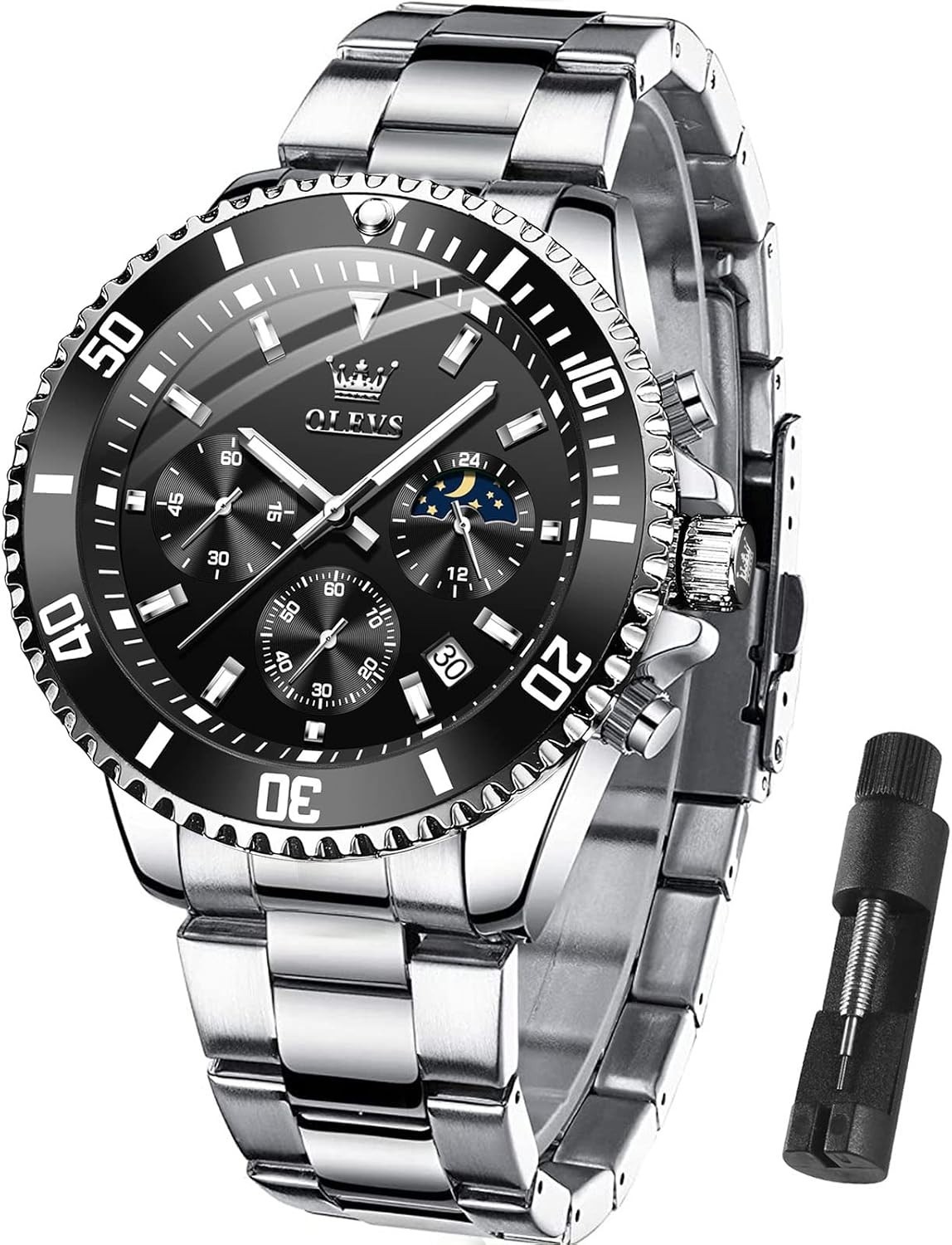 Moon Phase Men’s Watch – Luxury Waterproof Chronograph with Crystal Dial