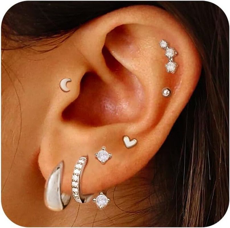 7 Pairs 14K Gold Plated Huggie Hoop Stud Earrings for Women, Twisted CZ Chunky H