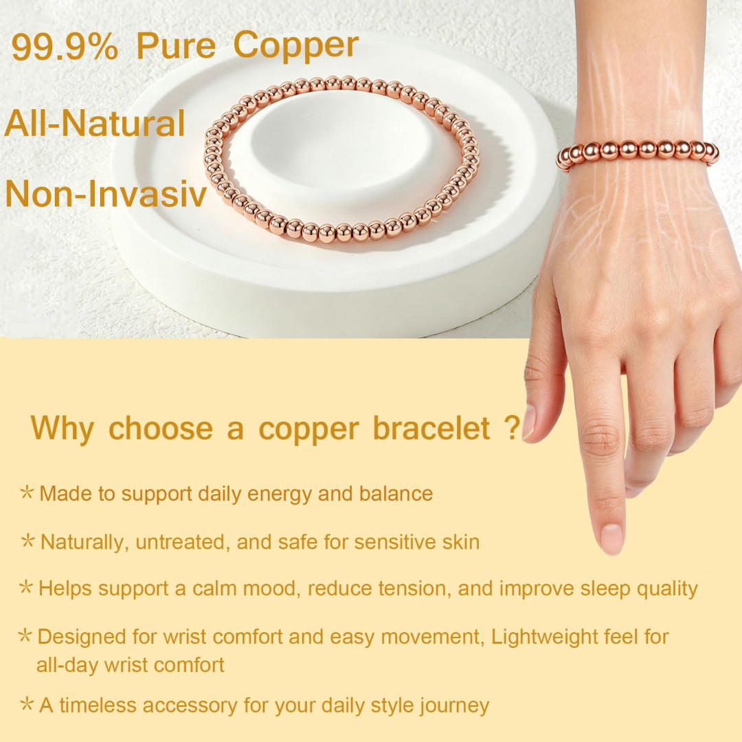 Pure Copper Bracelets for Men and Women Healing Energy Health Adjustable 6mm