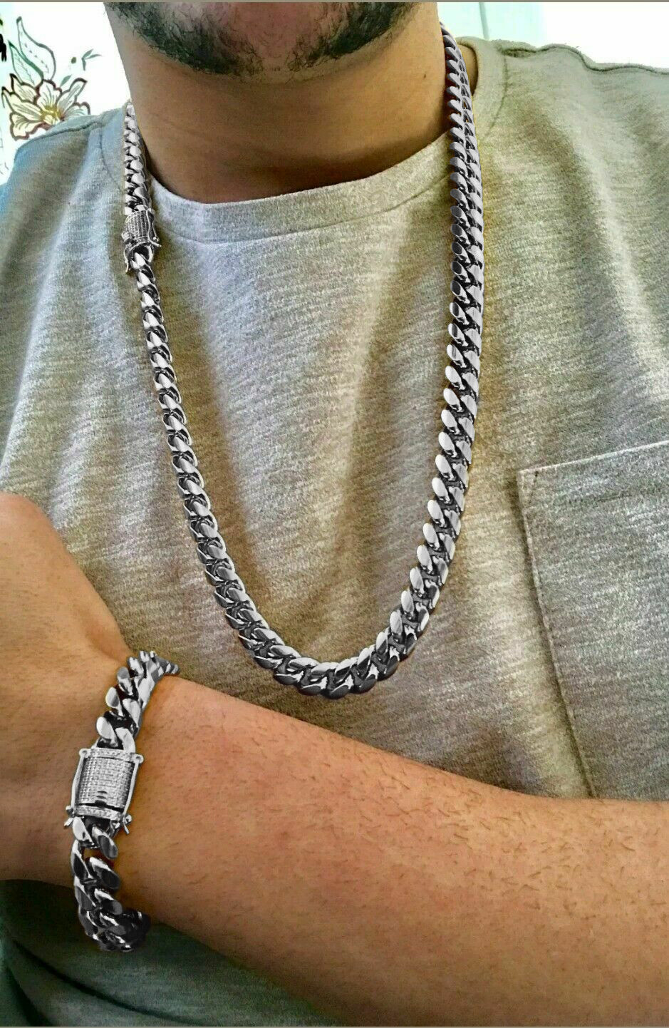 White Gold Plated Stainless Steel Miami Cuban Link Bracelet Chain With CZ Clasp
