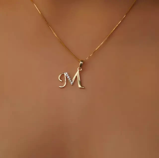 1Ct Round Cut Real Moissanite Letter ”M” Pendant 14K Yellow Gold Plated Silver