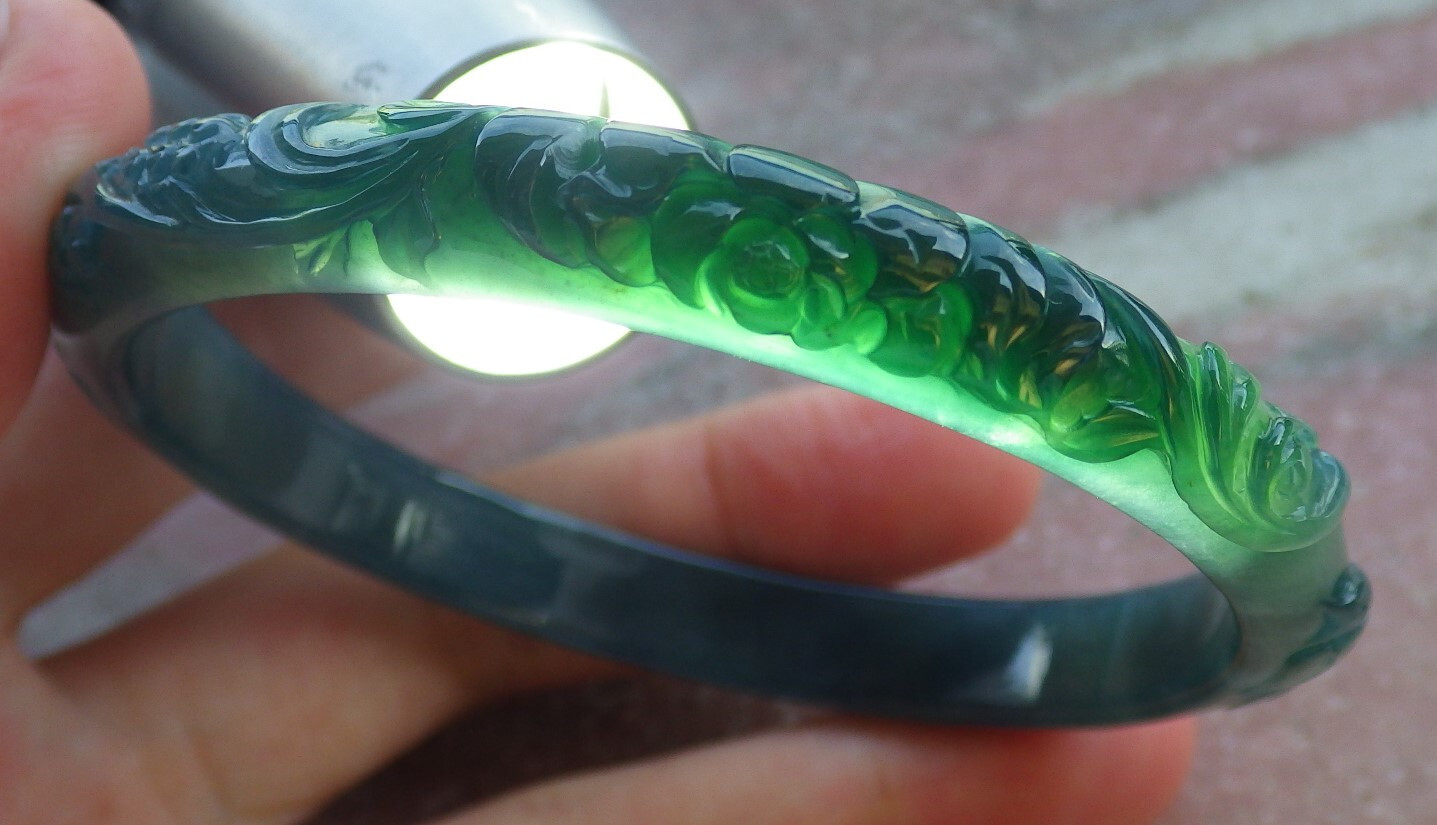 Video Certified Green A JADE Jadeite Flower Bird Bangle Bracelet 61mm 666113