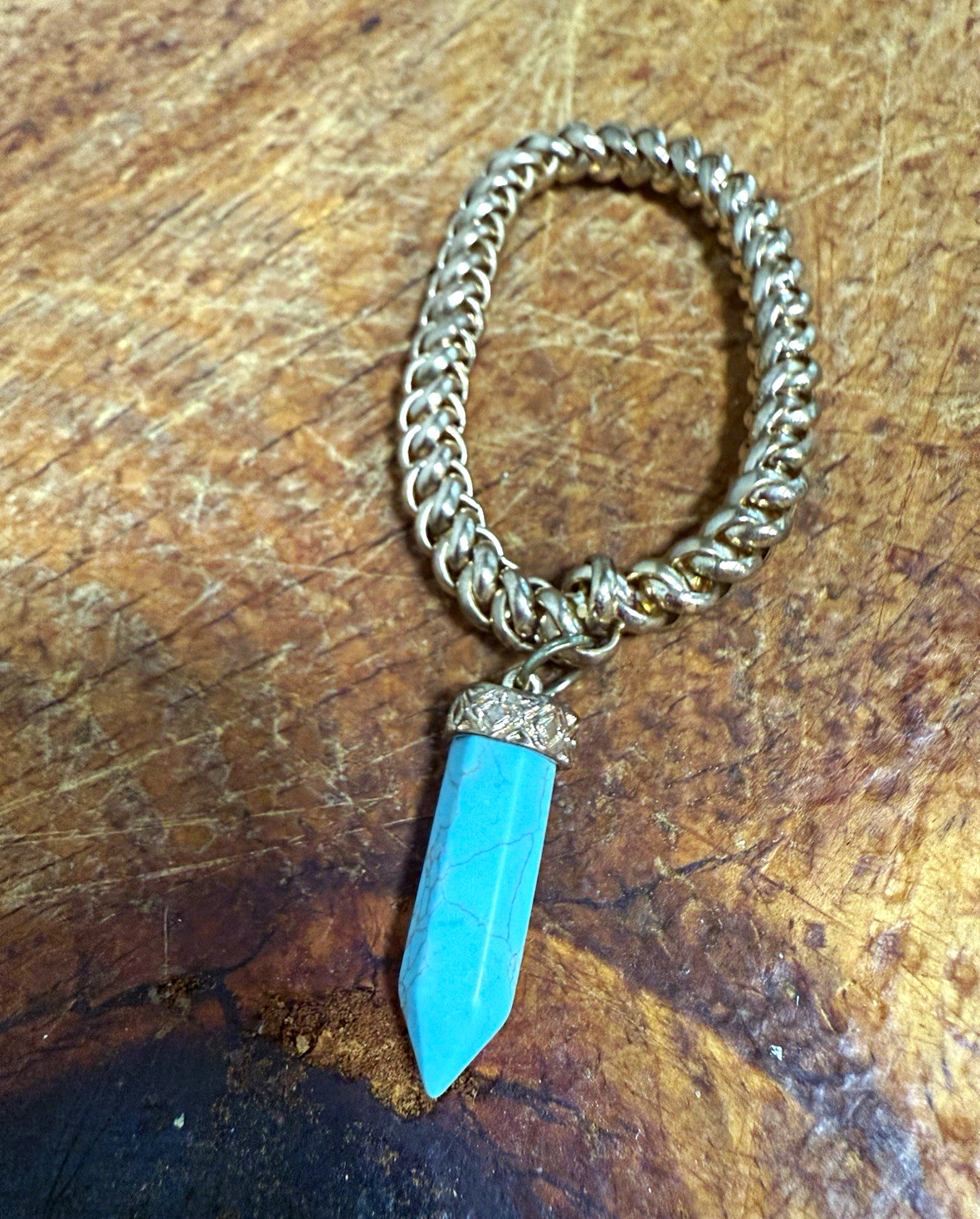 Gold Tone Curb Link Chain Bracelet, Blue Hexagon Stone, Dangle Charm