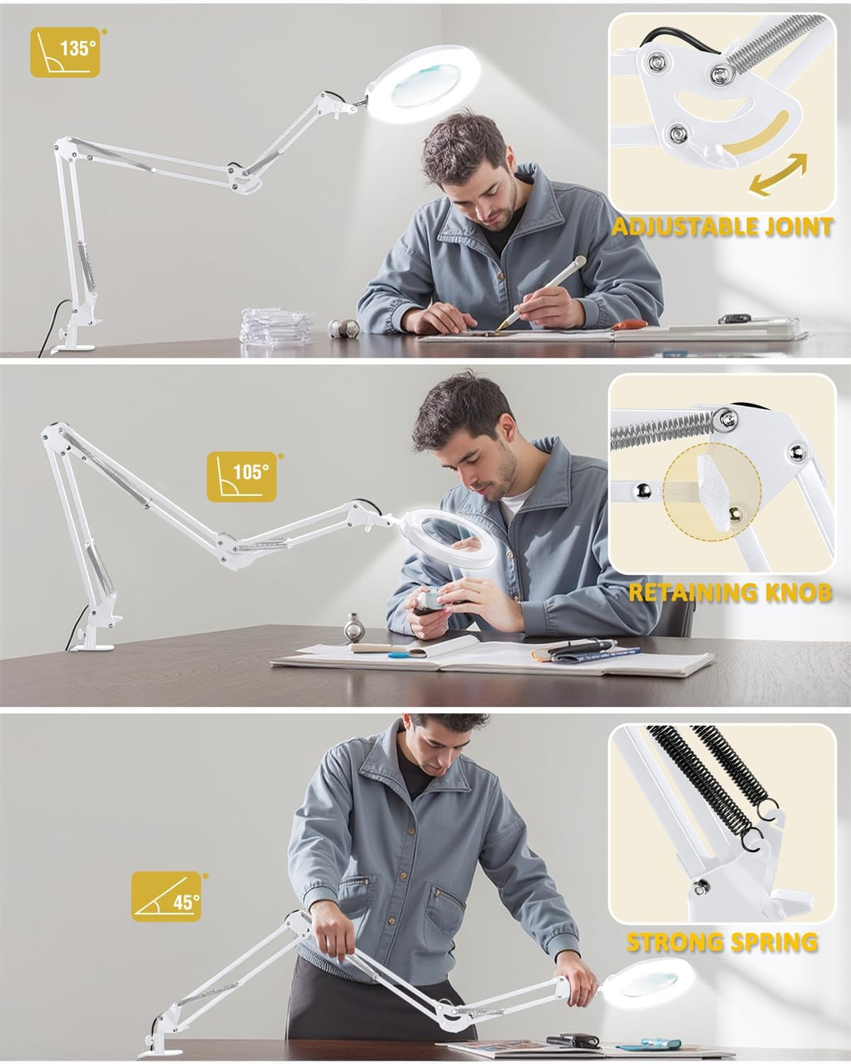 12X Magnifying Glass with Light and Clamp, Ultra Long 3 Section Swing Arm LED De