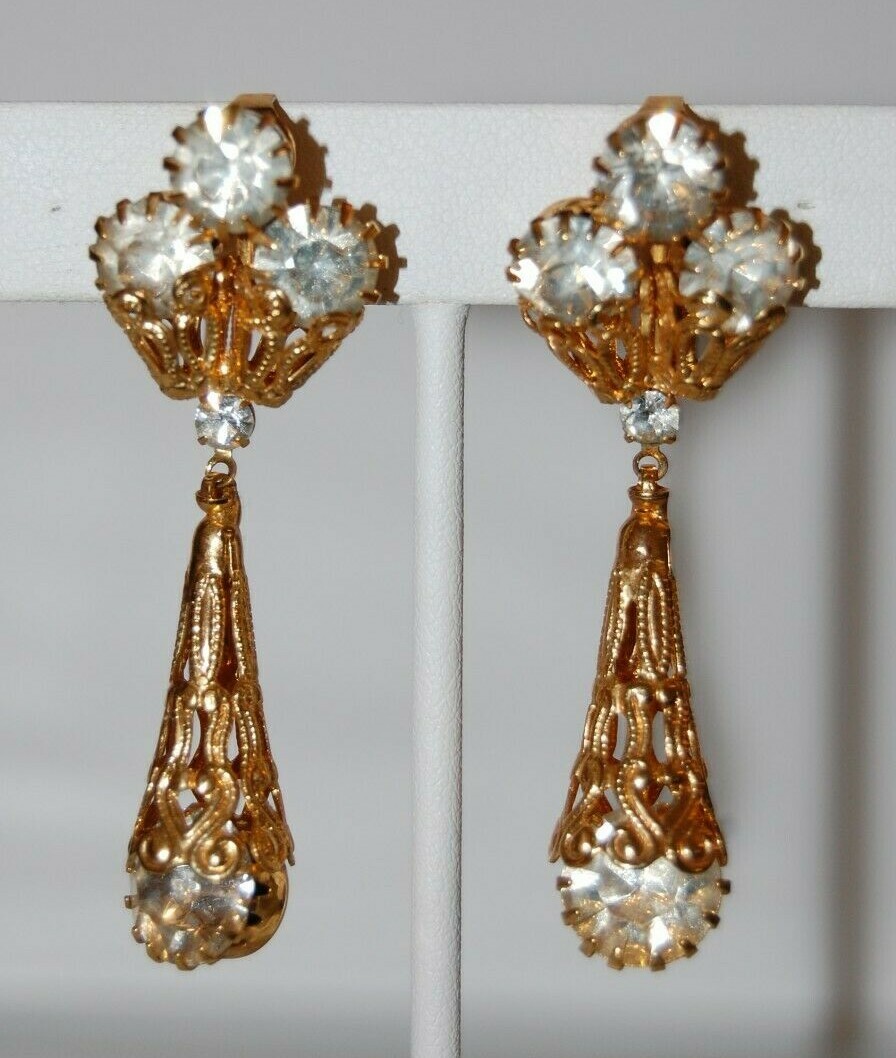 ELEGANT VTG CLEAR CRYSTALS FILIGREE ANTIQUE STYLE DROP DANG GOLDEN CLIP EARRINGS
