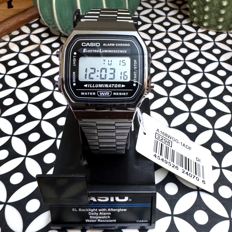 CASIO A168WGG-1A Digital Electro Luminescence Watch Dark Silver
