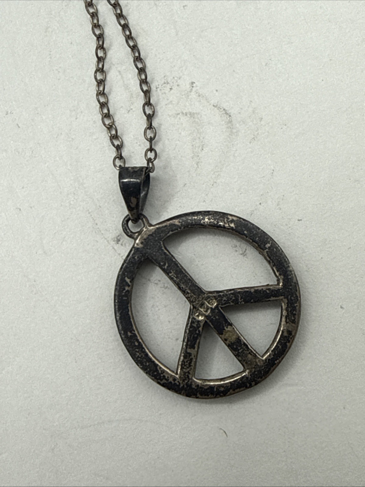 Sterling Silver Peace Sign Necklace 17”-20” Variable Length Marcasite Stone