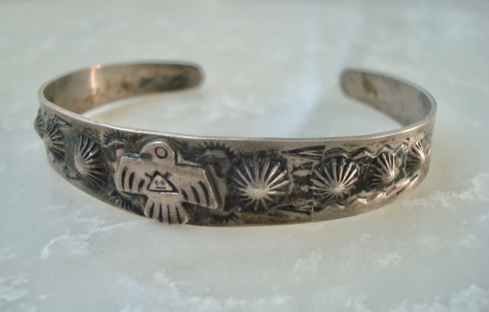 Vtg MORNING STAR THUNDERBIRD GILA MONSTER Navajo SILVER BRACELET Fred Harvey Era