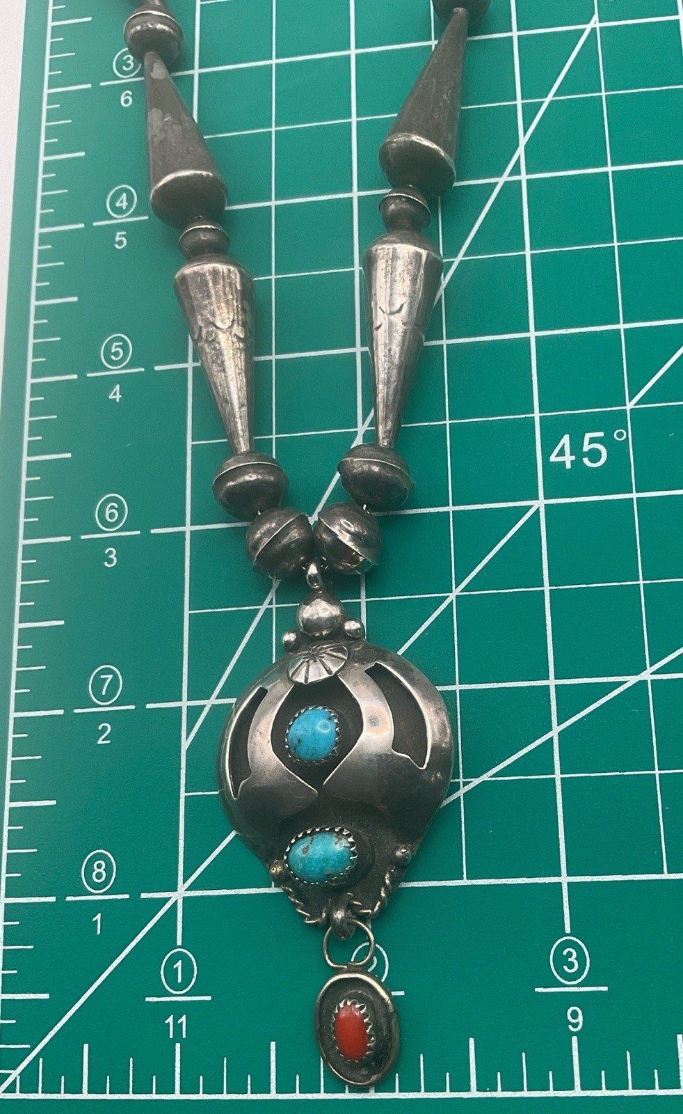 Signed Jesse Claw Navajo Sterling Silver Turquoise Coral Necklace J*C 41.6 grams