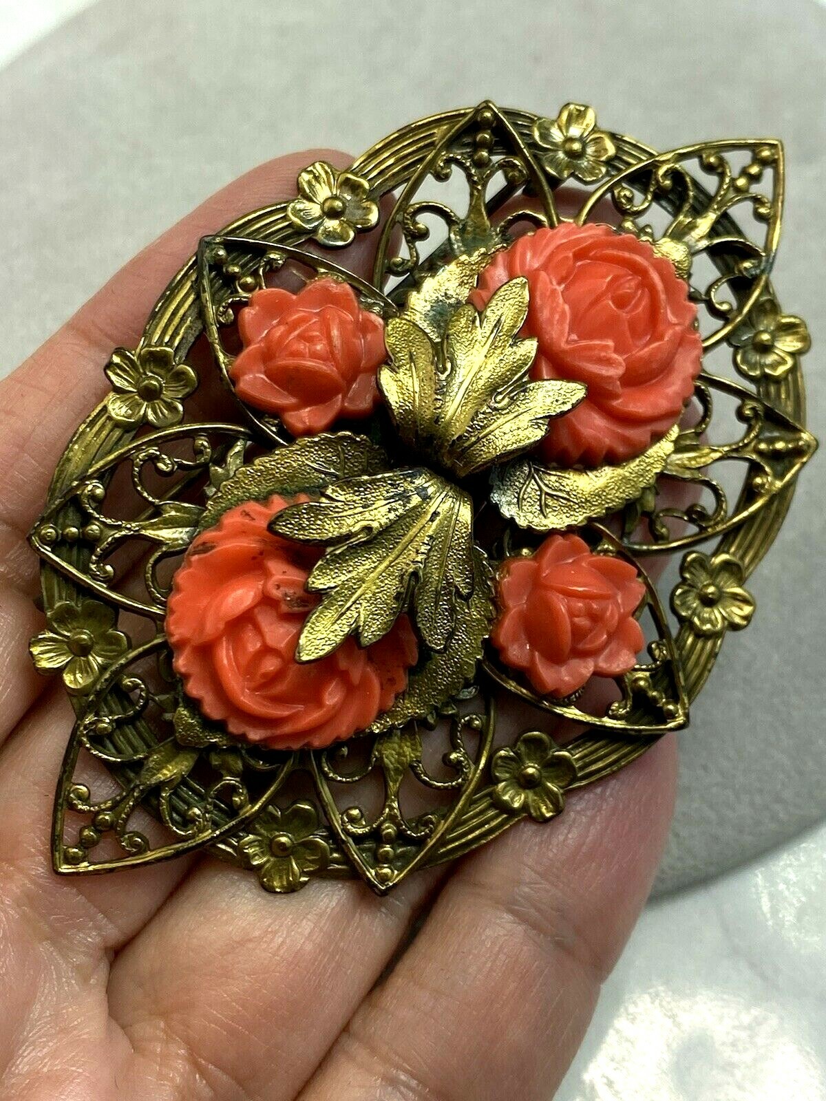 Vintage Filigree Brooch Estate Jewelry Pre-Owned Coral Rose XXL Die Struck