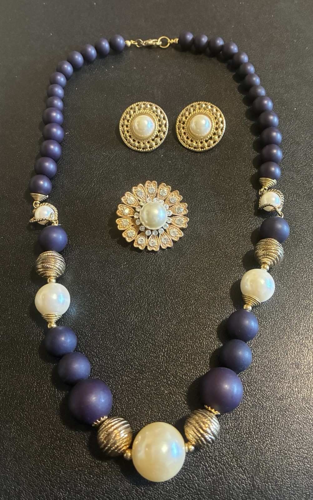 Gold Tone Faux Pearls Purple Beads Vintage Necklace Brooch and Earrings