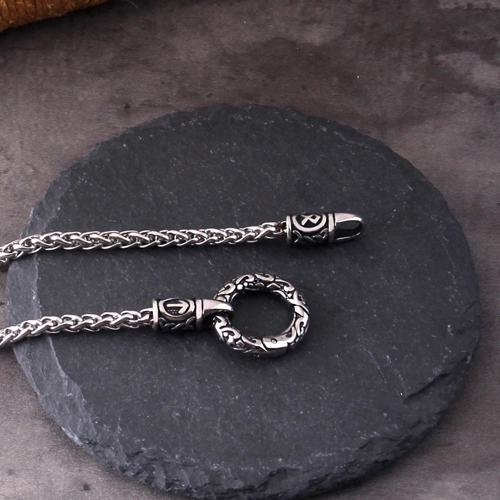 Nordic Viking Rune Open Round Clasp Pendant Necklace Stainless Steel Men Jewelry
