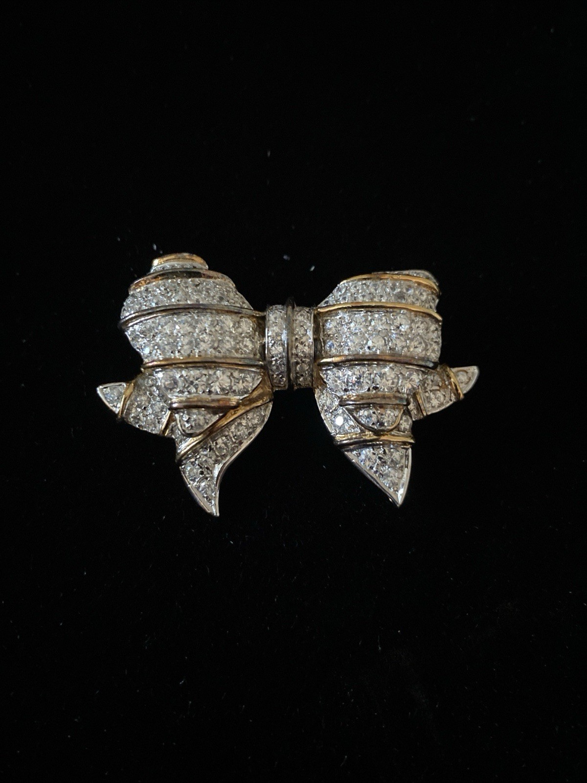 Large Sterling Silver Gold Wash 925 CZ Bow Shape Sparkly Pin Lush Signed PK