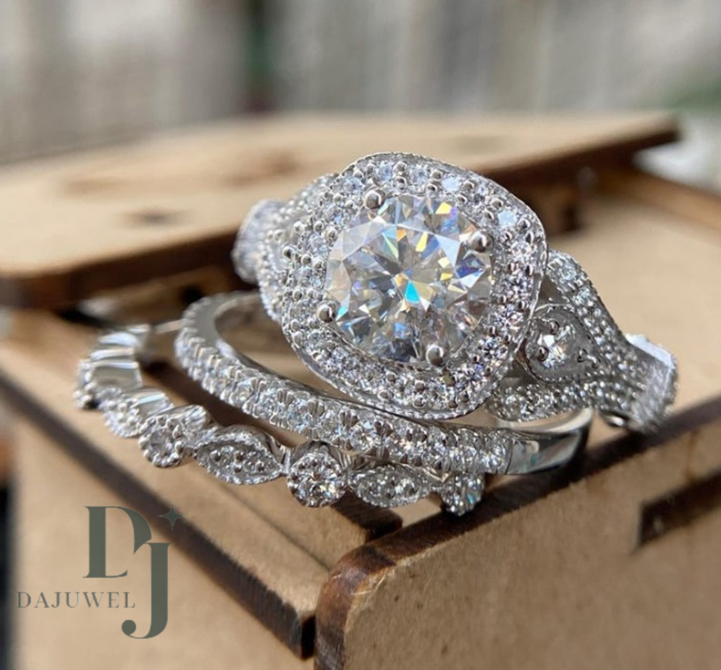3.30 CT Round Cut VVS1 Moissanite Trio Set Engagement Ring Solid 14K White Gold