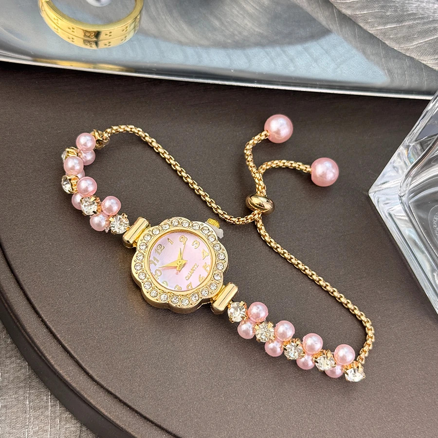 Double-Row Pearl Pull-Open Bracelet Diamond-Encrusted Case Arabic Numeral Scale