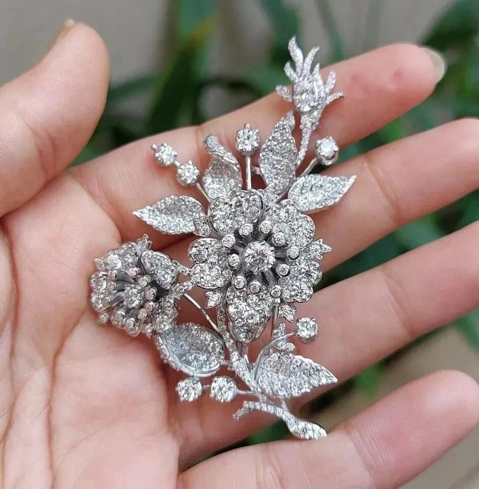 4CT Round Cut Lab Created Diamond Women Floral Brooch Pin 14K White Gold Finish