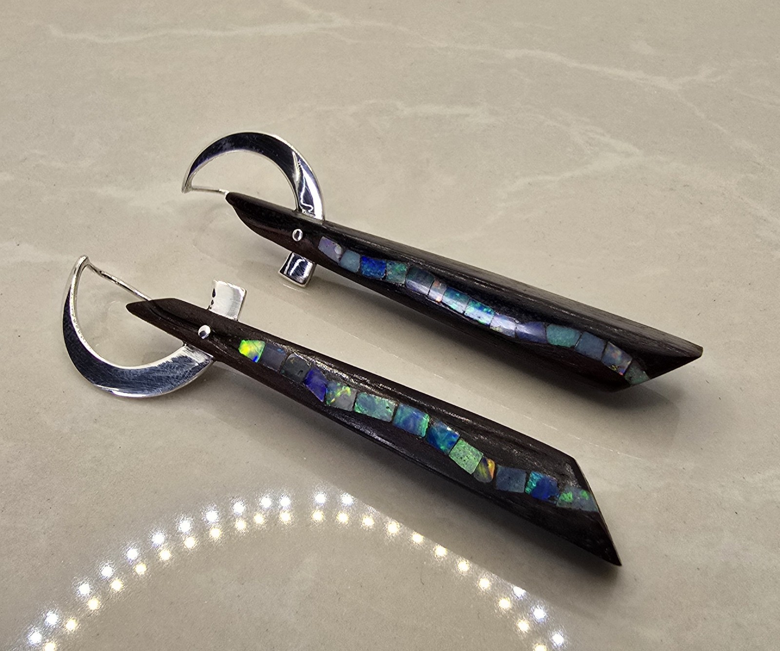 One of a Kind Hand Carved Ebony Earrings with Natural Opal Sterling Silver