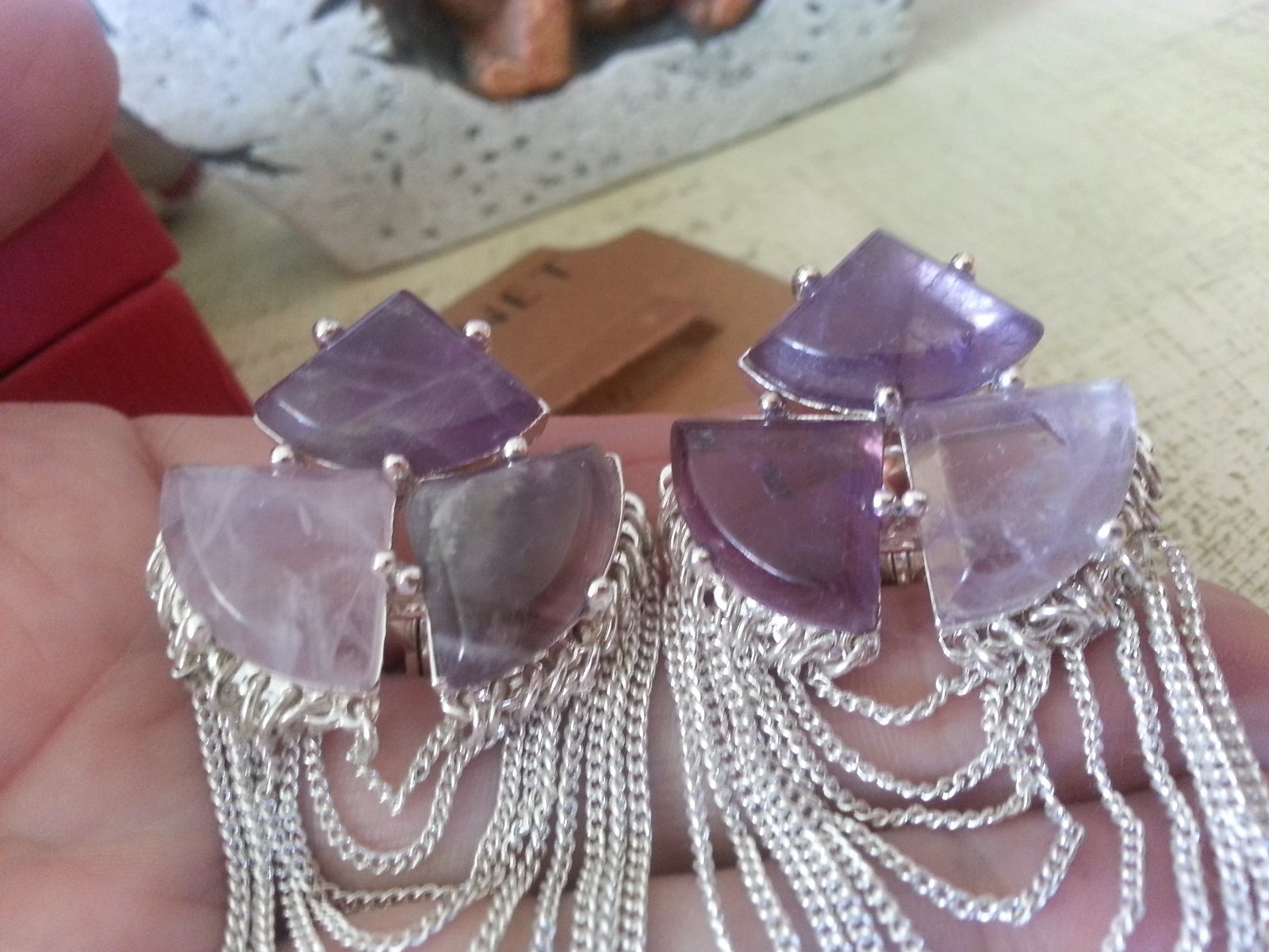 Monet Silver Plated Chain Swag & Three Triangle Amethyst Stones Pierced E’rings