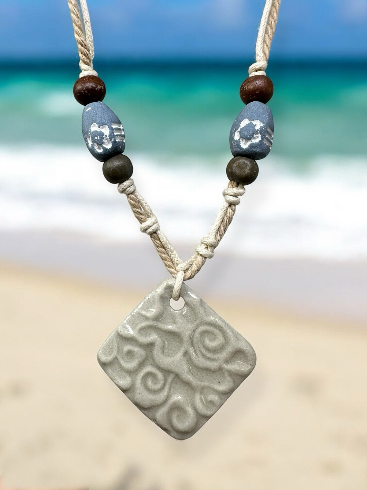 Bohemian Coastal Handmade Necklace | Sand Beige Spiral Pendant | Beach-Inspired