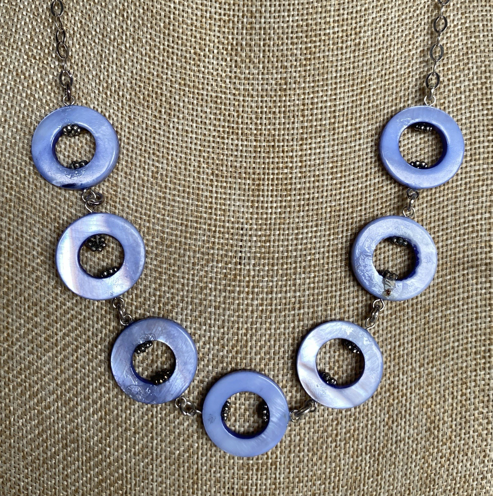 Periwinkle Blue Mother of Pearl Disc and Sterling Silver 925 Necklace 19″L