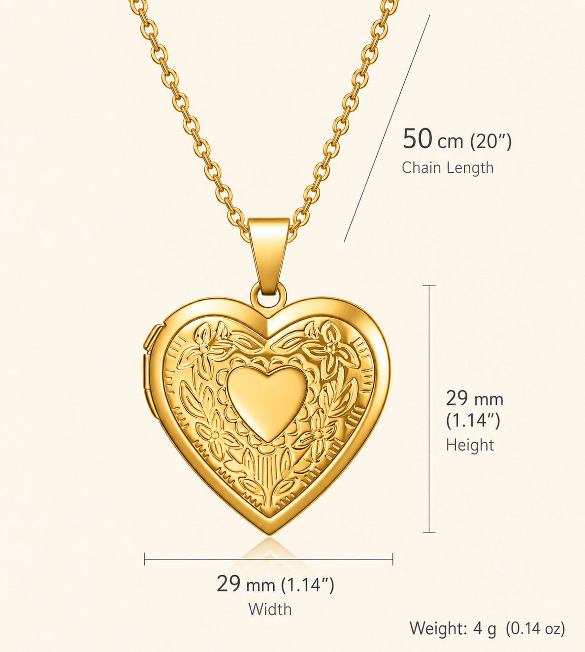 Stainless Steel Heart Shaped Locket Pendant Necklace Floral Engraved Gold Finish