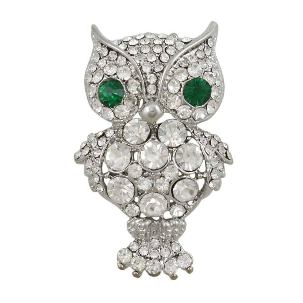 Large Crystal Owl Brooch Pin with Green Crystal Eyes – PRB116