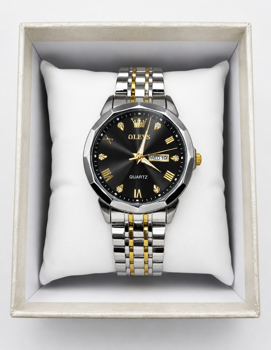 OLEVS 9931 Men’s Quartz Watch Black Dial Two-Tone Stainless Steel Day Date