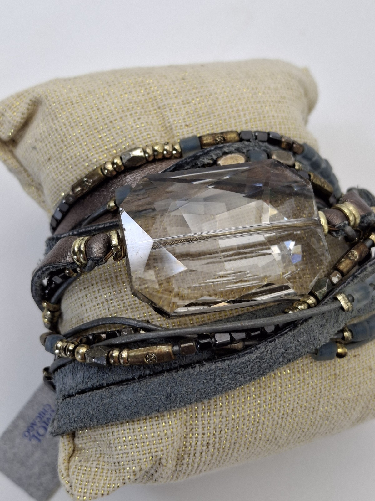 Nakamol Beaded Wrap Bracelet with Smokey Faceted Crystal focal gray leather