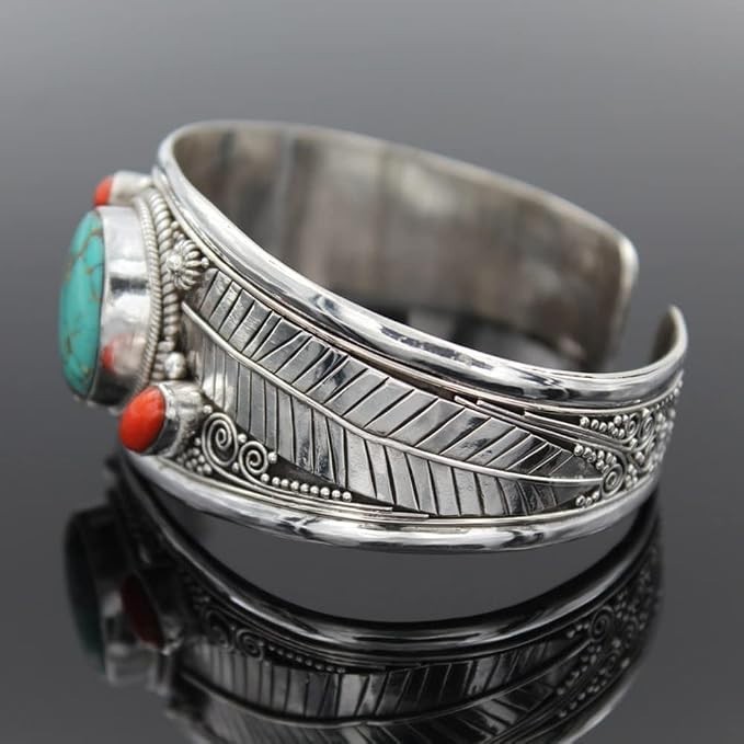 Vintage Turquoise Crystal Bracelet Silver Color Leaf Open Cuff Woman Jewelry