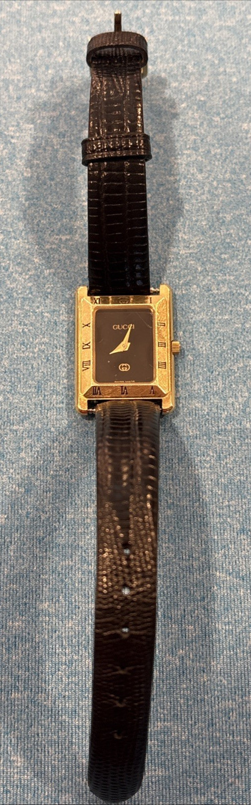 Gucci 4200L Vintage Gold Plated Dial Womens Quartz Tank Watch w Leather Band