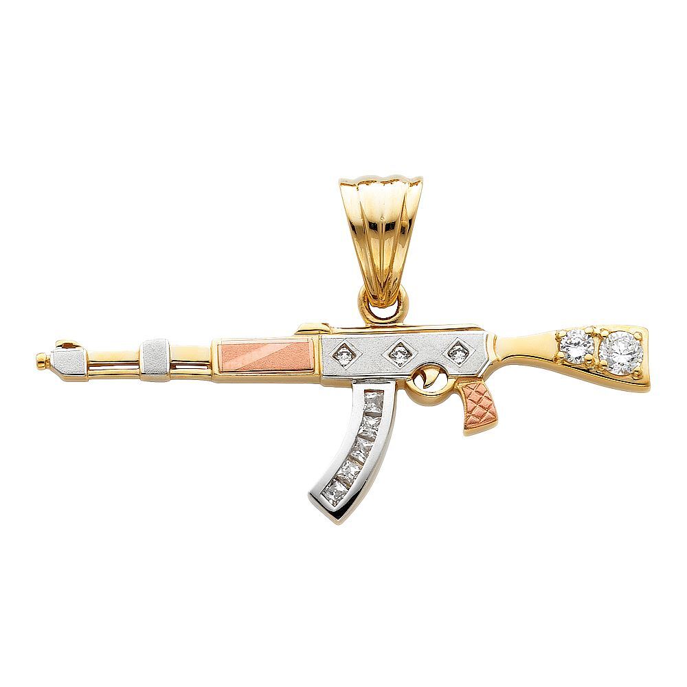 14K Tri Color Gold CZ Rifle Gun Charm Pendant & 1.2mm Box Chain Necklace