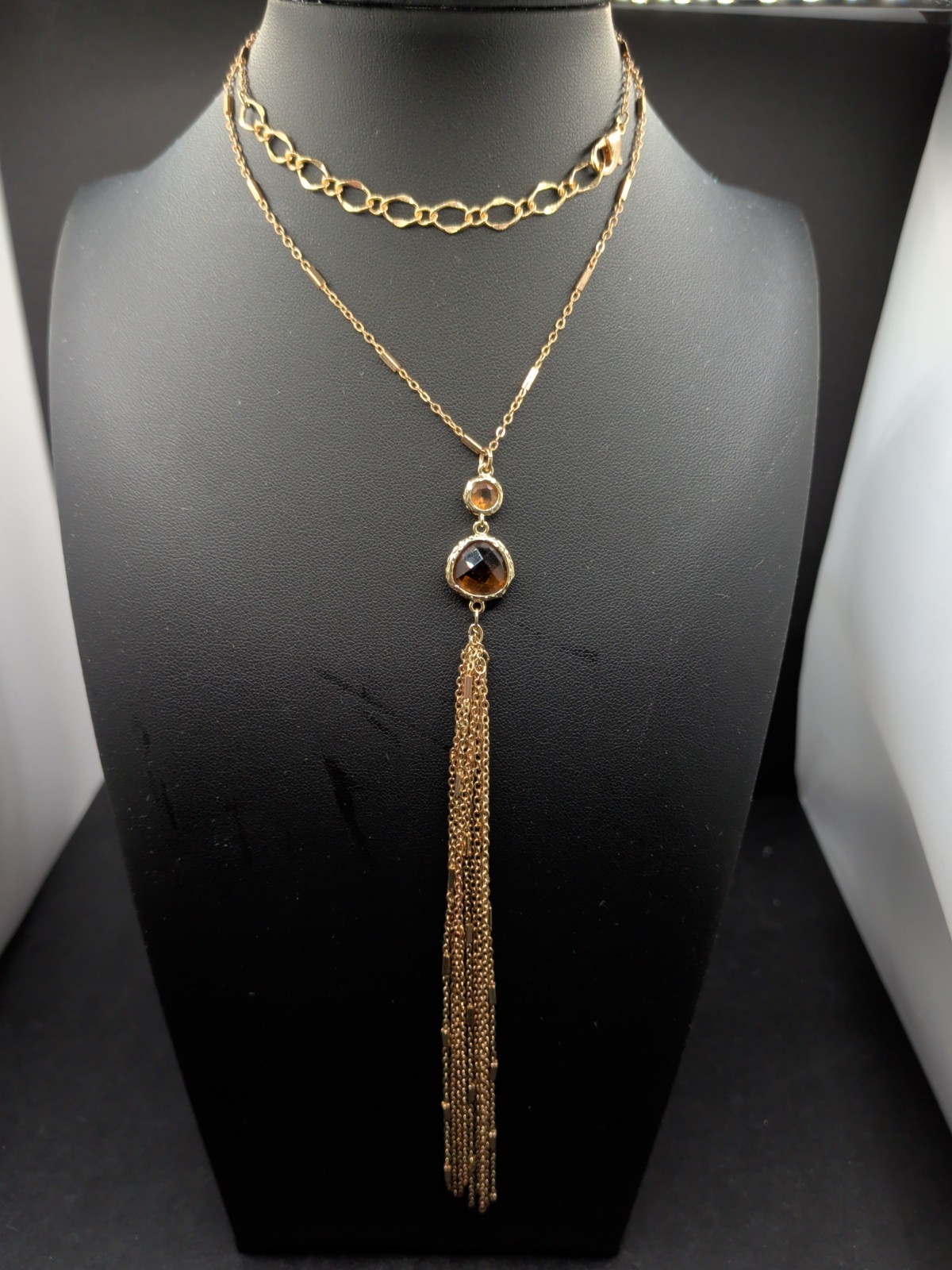 Long Gold Tassel Pendant Necklace Station Chain Bar Link Fringe Bezel Crystal