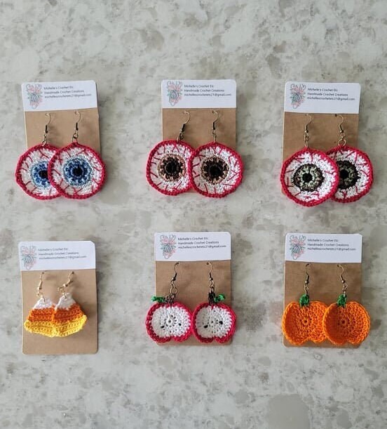 Fall Halloween themed Thread Crochet Earrings Eyeballs Apples Pumpkins